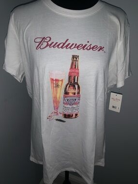 🆕- Lucky Brand Budweiser White Tee with Red Script and Bottle Graphic